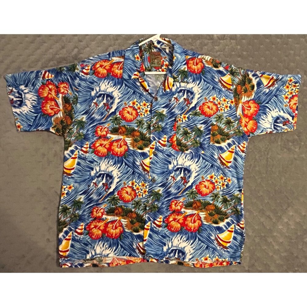 Vintage Pineapple Connection Men's Hawaiian Shirt XL Surfing Hibiscus Palm Trees